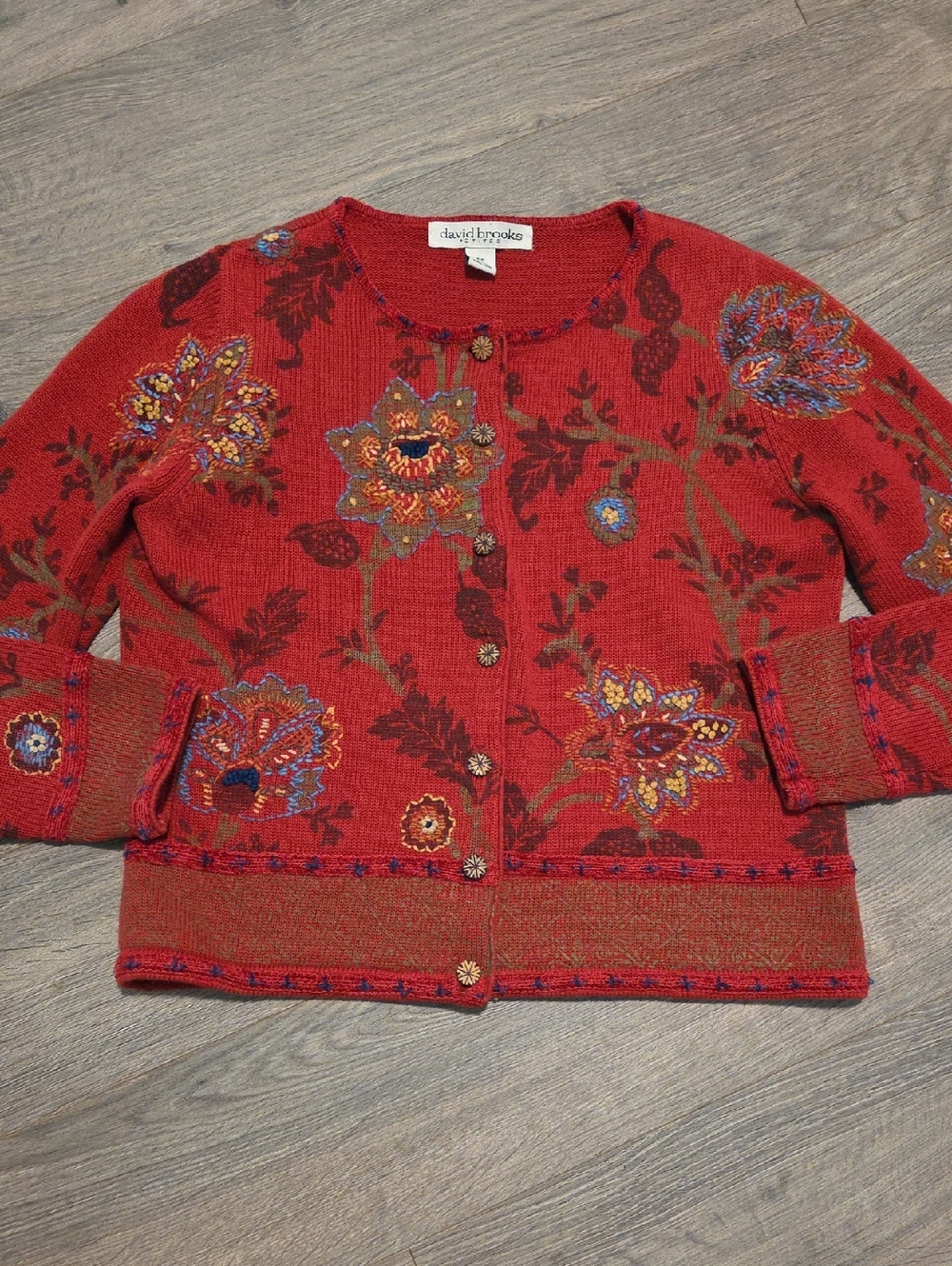 David Brooks Petites Floral Embroidered Button Up Cardigan Sweater